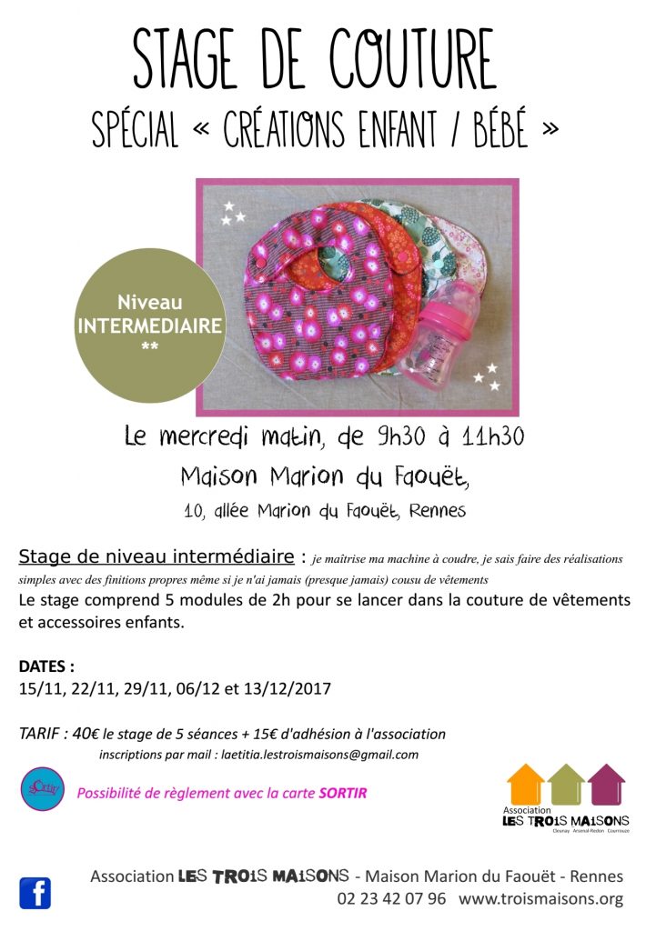 stage de couture de vêtements et d'accessoires pour enfant à Rennes