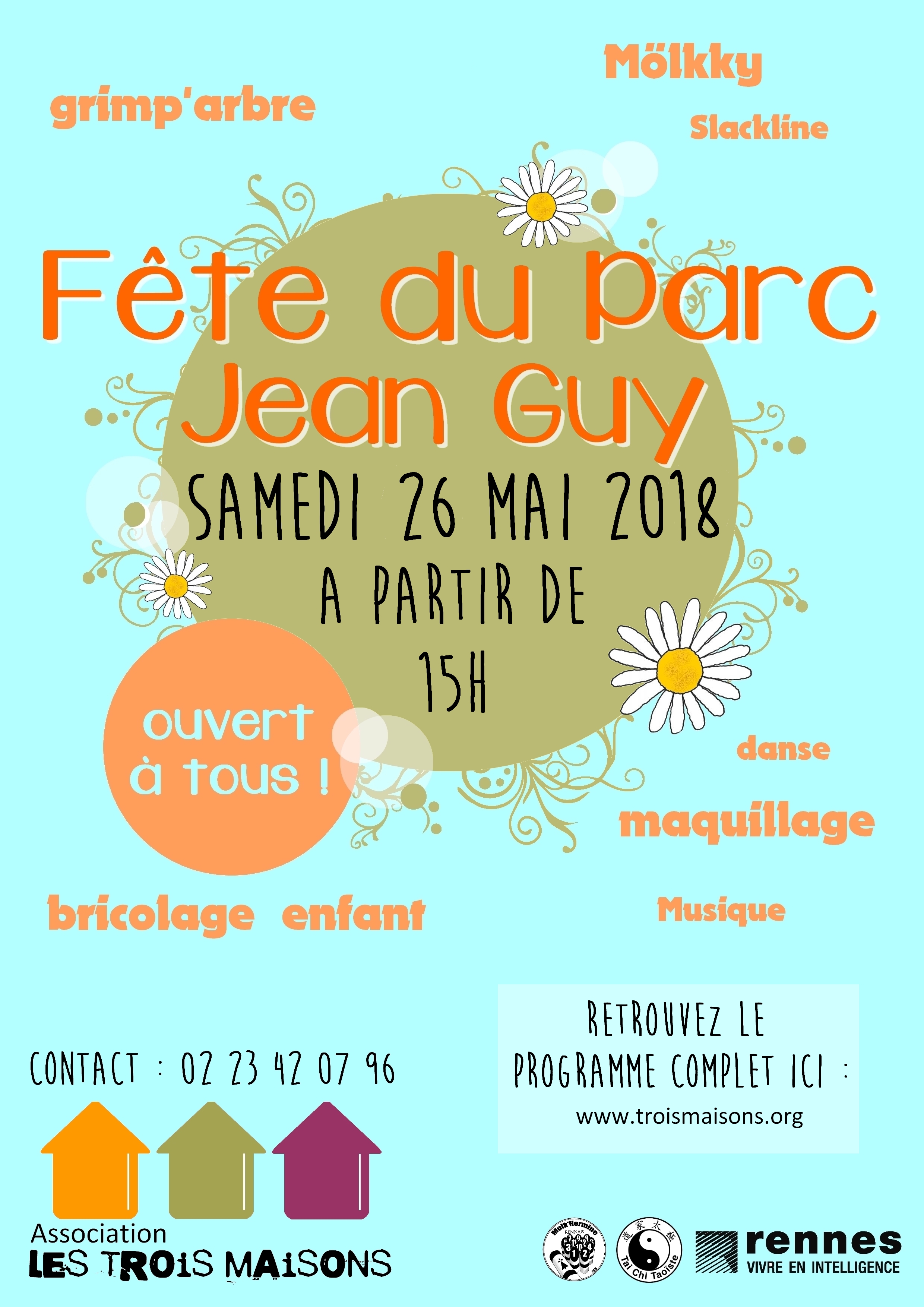 Fête du parc Jean Guy par l'association Les Trois Maisons, samedi 26 mai 2018 : danses country, tai chi, danses bretonnes, grimp'arbre, slack line, bricolage, art floral, maquillage, möllky...